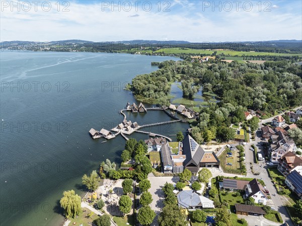 Aerial view of the pile dwellings, Lake Dwelling Museum, Open Air Museum Unteruhldingen,