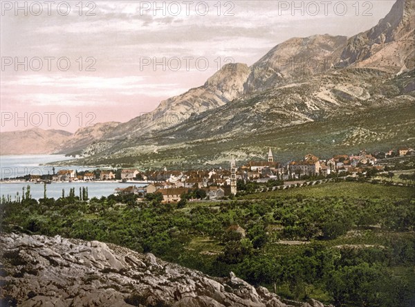 Makarska, general view, Dalmatia, Croatia, Austro-Hungary, digitally restored reproduction from a
