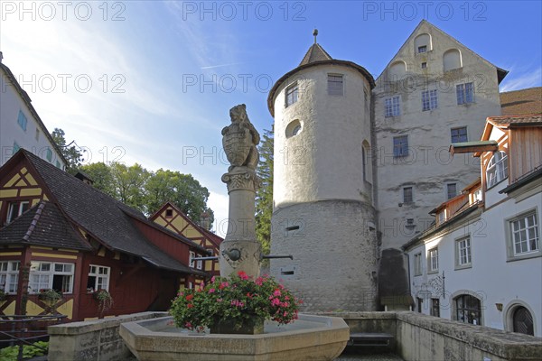 Bear fountain with town coat of arms in front of the historic castle, tower, fountain, bear figure,