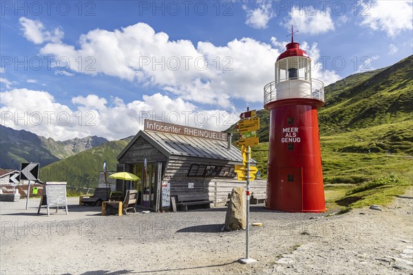 Oberalp Pass, top of the pass. The only lighthouse in the Alps stands near the source of the Rhine