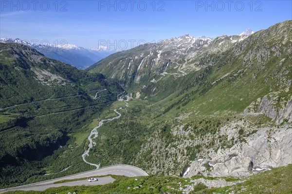 View from Furka road down the valley rhône to front bottom viewpoint to right Rhone waterfall