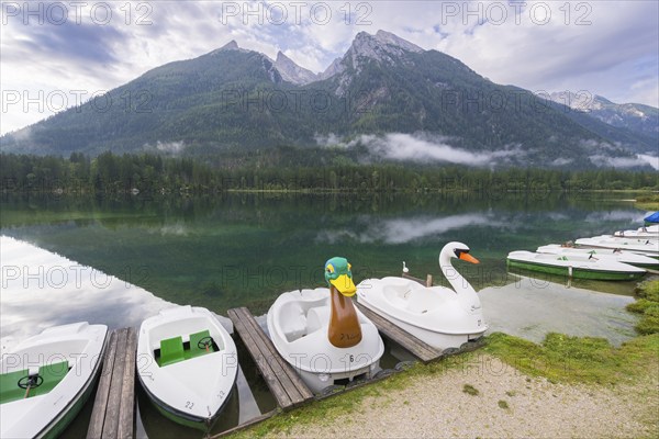 Jetty with boats at Hintersee, pedal boats, Ramsau, Berchtesgaden National Park, Berchtesgadener