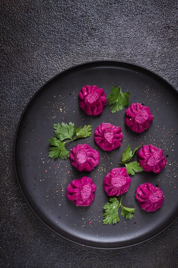 Beetroot khinkali, mini khinkali, purple, Georgian cuisine, no people