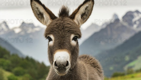 Close-up of a donkey foal with a mountainous landscape in the background