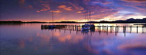 Panorama, jetty on Lake Chiemsee at sunrise, Prien am Chiemsee, Bavaria, Germany, Europe