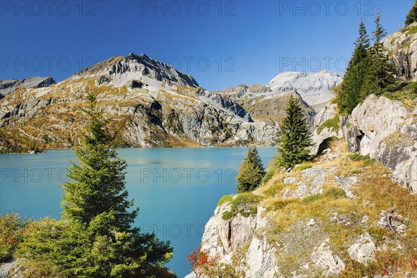 Autumn colours at Lac d'Emosson in the Valais mountains, Switzerland, Europe