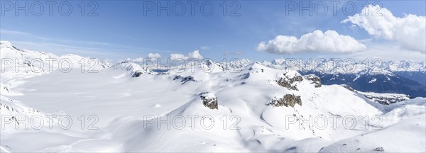 Mountain landscape with snow, view from the summit Wisshore to the glacier Glacier de la Plaine