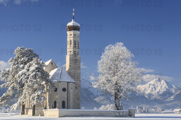 Church in snowy mountain landscape, snow, winter, sunny, Königswinkel, Sankt Coloman, Füssen,