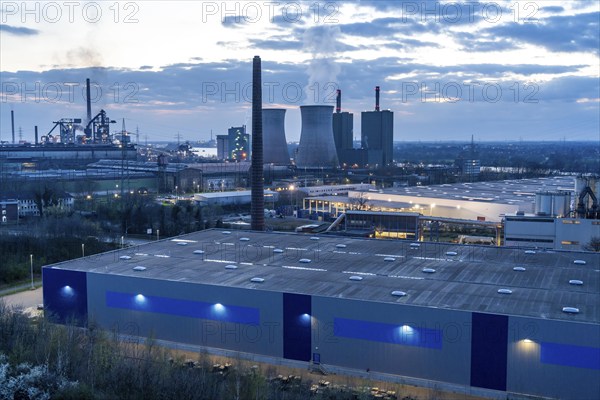 Logistics site, warehouse in Duisburg Wanheim, Angerhausen, in the background the HKM steelworks,