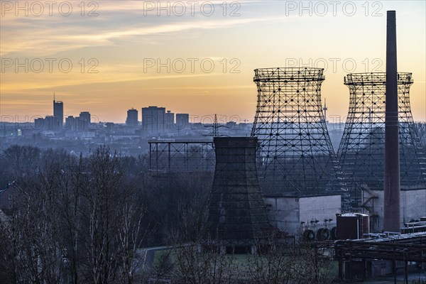 Skyline of the city centre, seen from Zeche Zollverein, skeleton of the coking plant's cooling