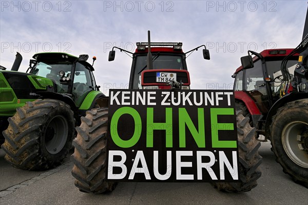 Farmers' protest, protest posters on tractors, tractors, KEINE ZUKUNFT OHNE BAUERN, Stuttgart,