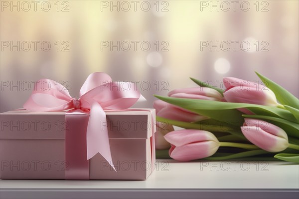 Gift Box with Pink Ribbon Beside bouquet of Fresh Tulips on Bokeh Background. Good for Valentine