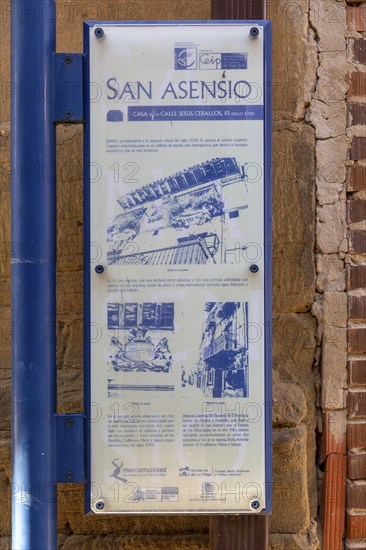 Information panel about historic buildings in village of San Asensio, La Rioja Alta, Spain, Europe