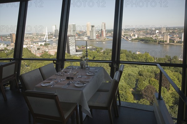 Cafe restaurant with views high above the city from the 185 metre tall Euromast tower, Rotterdam,