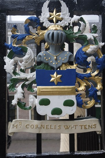 Ancient family coat of arms on railings at De Burcht historic site, Leiden, Netherlands