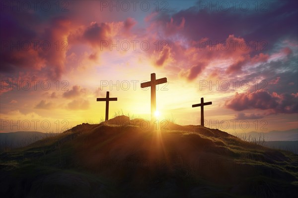 Easter concept three crosses on Golgotha Calvary hill against a dramatic sunset, AI generated