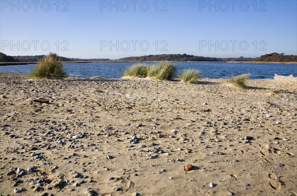 Benacre Broad lake is separated from the sea by the shingle beach bar of Benacre Ness, Suffolk,