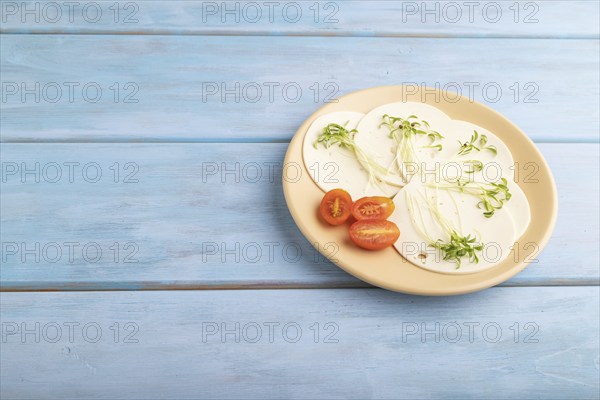 White cheese with tomatoes and cilantro microgreen on blue wooden background. side view, copy space