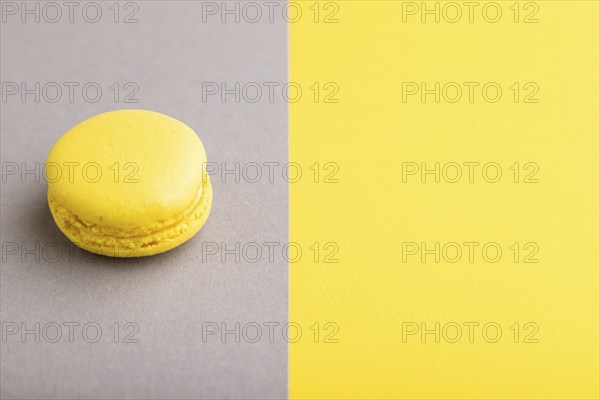Yellow macaroon on trendy gray and yellow background. side view, copy space, close up, still life.