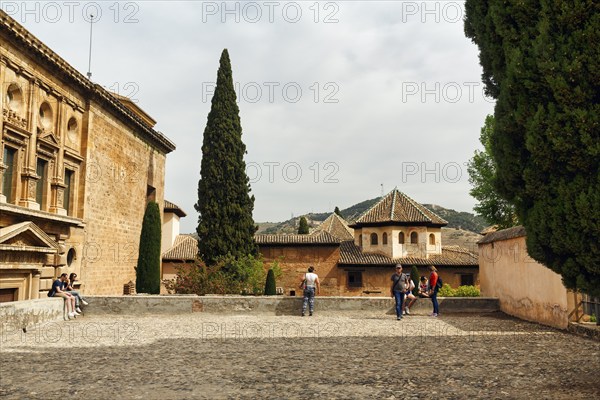 Nasrid Palaces, view of the Sala de los Abencerrajes in the Alhambra, tourists, Granada, Andalusia,