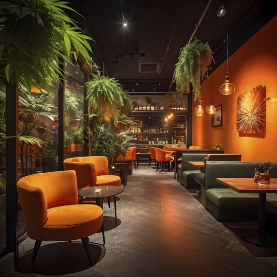 Stylish empty cannabis cafe interior in cozy modern design, AI generated