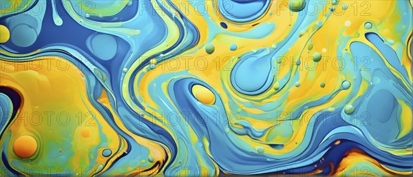 Abstract wallpaper with colorful blobs and liquid shapes on a green background, AI generated