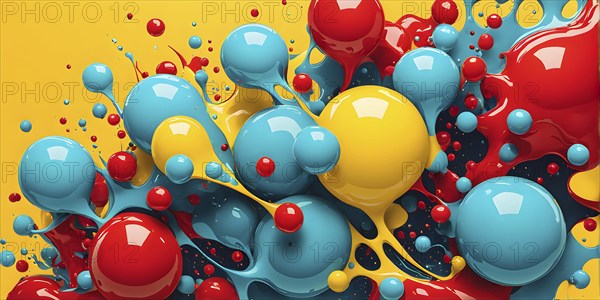 Abstract image with vibrant blue and red blobs and liquid shapes on a yellow background, AI