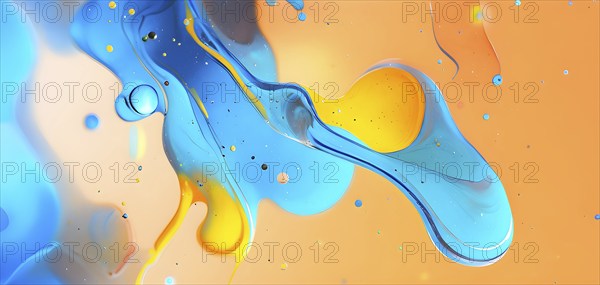 Abstract wallpaper with colorful turquoise and yellow blobs and liquid shapes on a orange