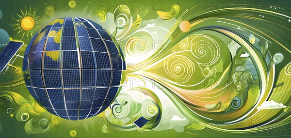 Illustration of a globe composed of triangular solar panels and swirling wind patterns, symbolizing