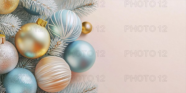 Christmas banner with blue and yellow bauble ornaments on tree. Generative AI, AI generated