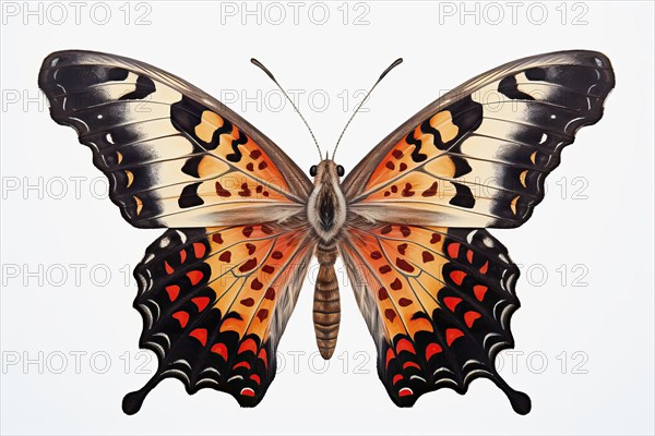 Beautiful, stylized California Tortoiseshell butterfly on a white background, AI generated