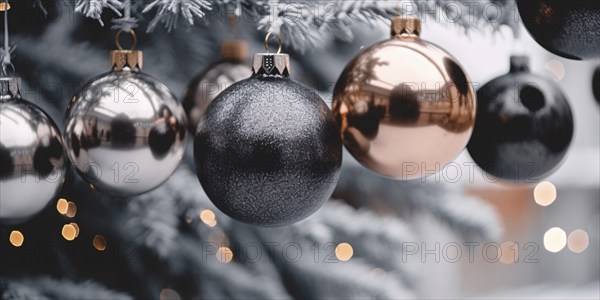 Banner with elegant black and golden Christmas tree bauble ornaments on snow covered tree. KI