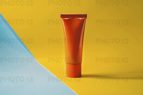 Orange sunscreen tube on yellow and blue studio background. KI generiert, generiert, AI generated