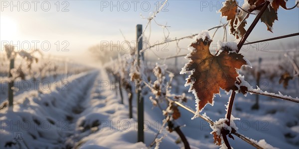 AI generated close up of winter in the vineyard with snow blankets dormant vines and ambient light