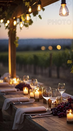AI generated wine tasting table setup with wine and vine grapes nestled subtly amidst a thriving