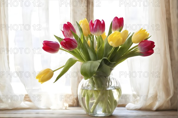 Vase of vibrant tulips aligned on an aged oak wood table, AI generated