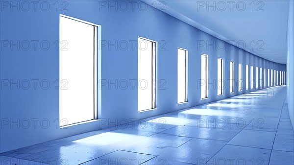 Windows aligned within an elongated tunnel permeated with gradients of light blue hues, AI