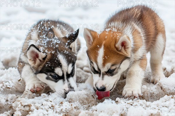 Two cute Alaskan Husky pups licking snow, AI generated