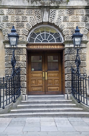 Entrance steps and doorway, The Guildhall, Bath, Somerset, England, UK