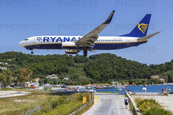 A Ryanair Boeing 737-800 aircraft with the registration SP-RSG at Skiathos Airport, Greece, Europe