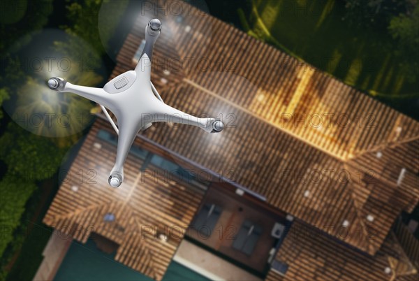 Quadcopter UAV drone flying A residential roof inspection. generative AI background, AI generated