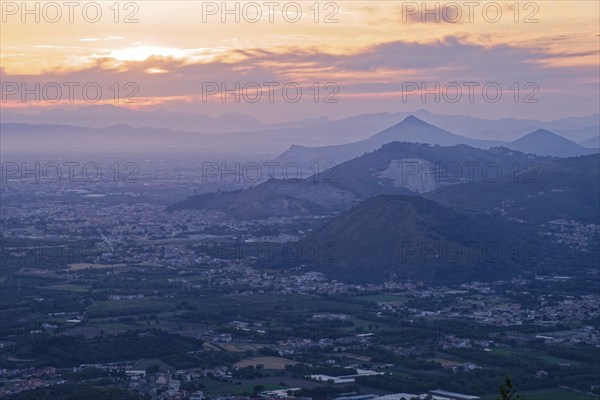 View of the densely populated Neapolitan region and the mountains near Caserta in the hazy evening