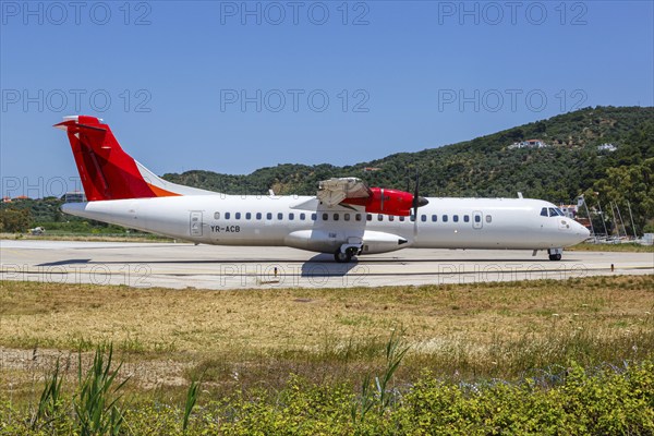 An Air Connect ATR 72-600 aircraft with the registration YR-ACB at Skiathos Airport, Greece, Europe