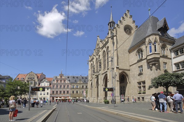 Neo-Gothic town hall and tram stop with rails, people, fish market, Erfurt, Thuringia, Germany,