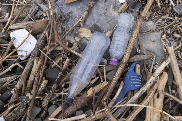 Symbolic image environmental pollution, plastic waste, rubbish, flotsam from a flood on the Neckar