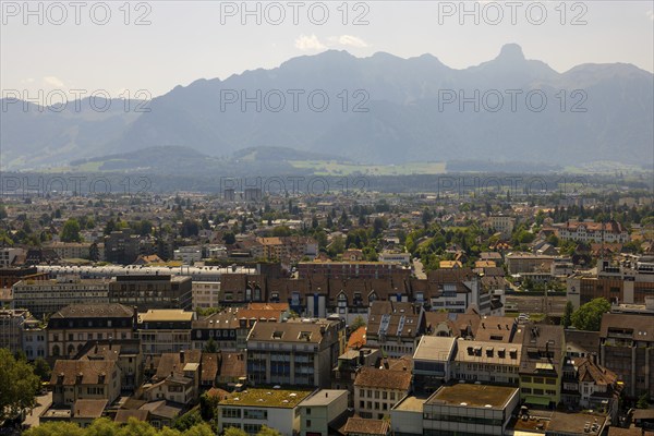 Aerial View over City of Thun and Mountain in a Sunny Day in Bernese Oberland, Bern Canton,