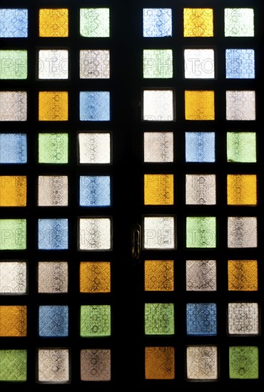 Contemporary stained glass window at Notre Dame de la delirance church, Popenguine, Senegal.