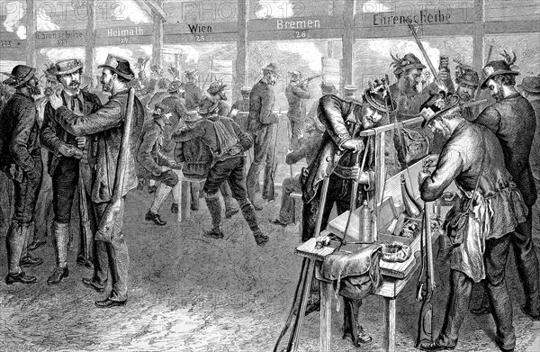 The German shooting festival in Stuttgart, Bundesschießen, In der Schießhalle, 1875, Historical,