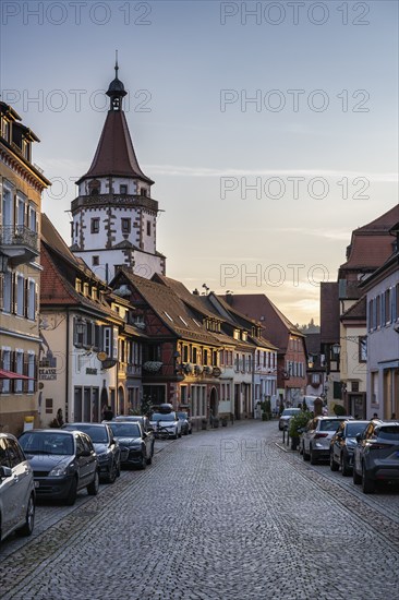 The main street with the Niggelturm tower in the historic old town of Gengenbach, Ortenaukreis,