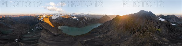 Evening mood, mountain panorama, aerial view, 4000 metre peak with glacier, mountain pass and